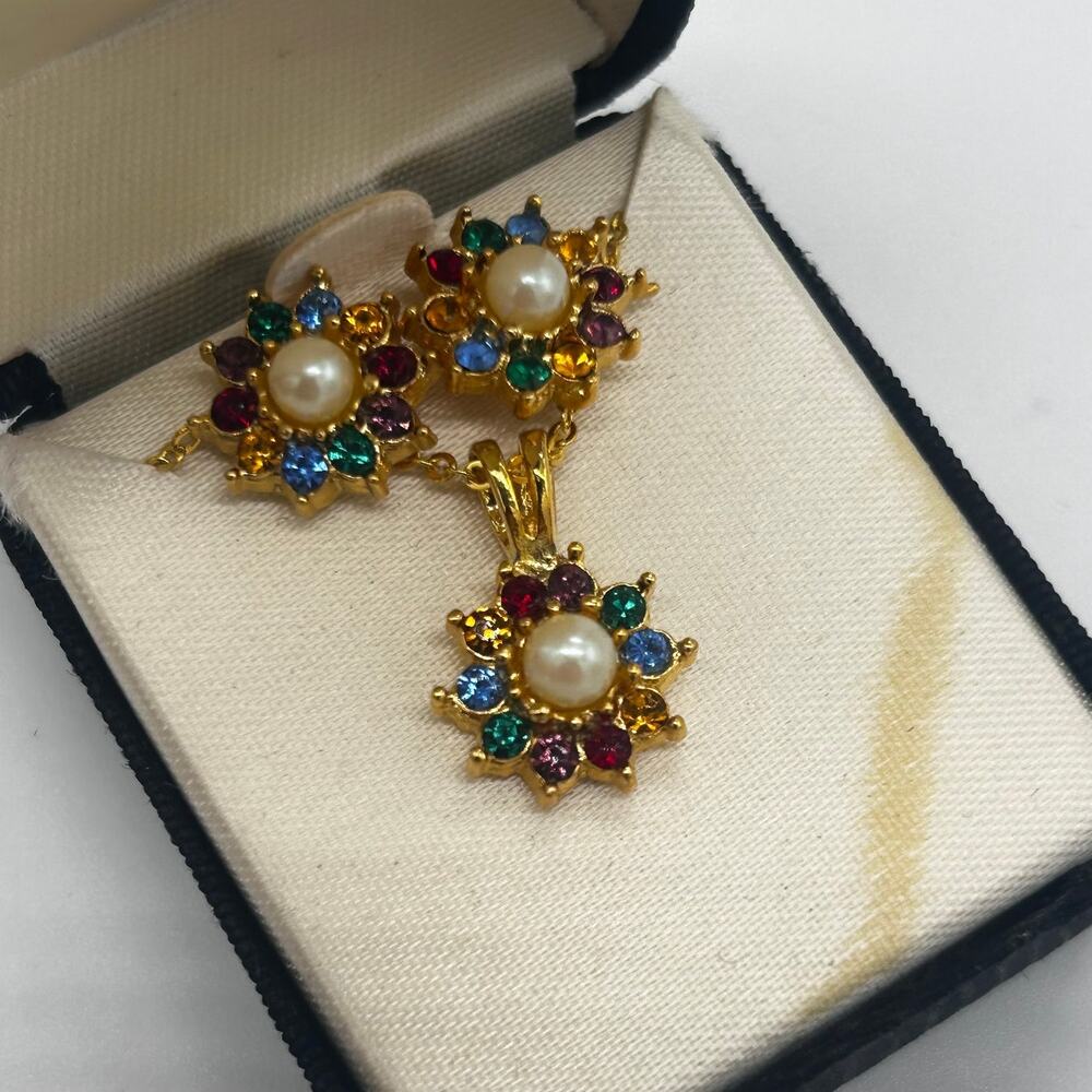 Vintage Tacoa Set Pierced Earrings and Necklace Gold Tone Rainbow Rhinestone New
